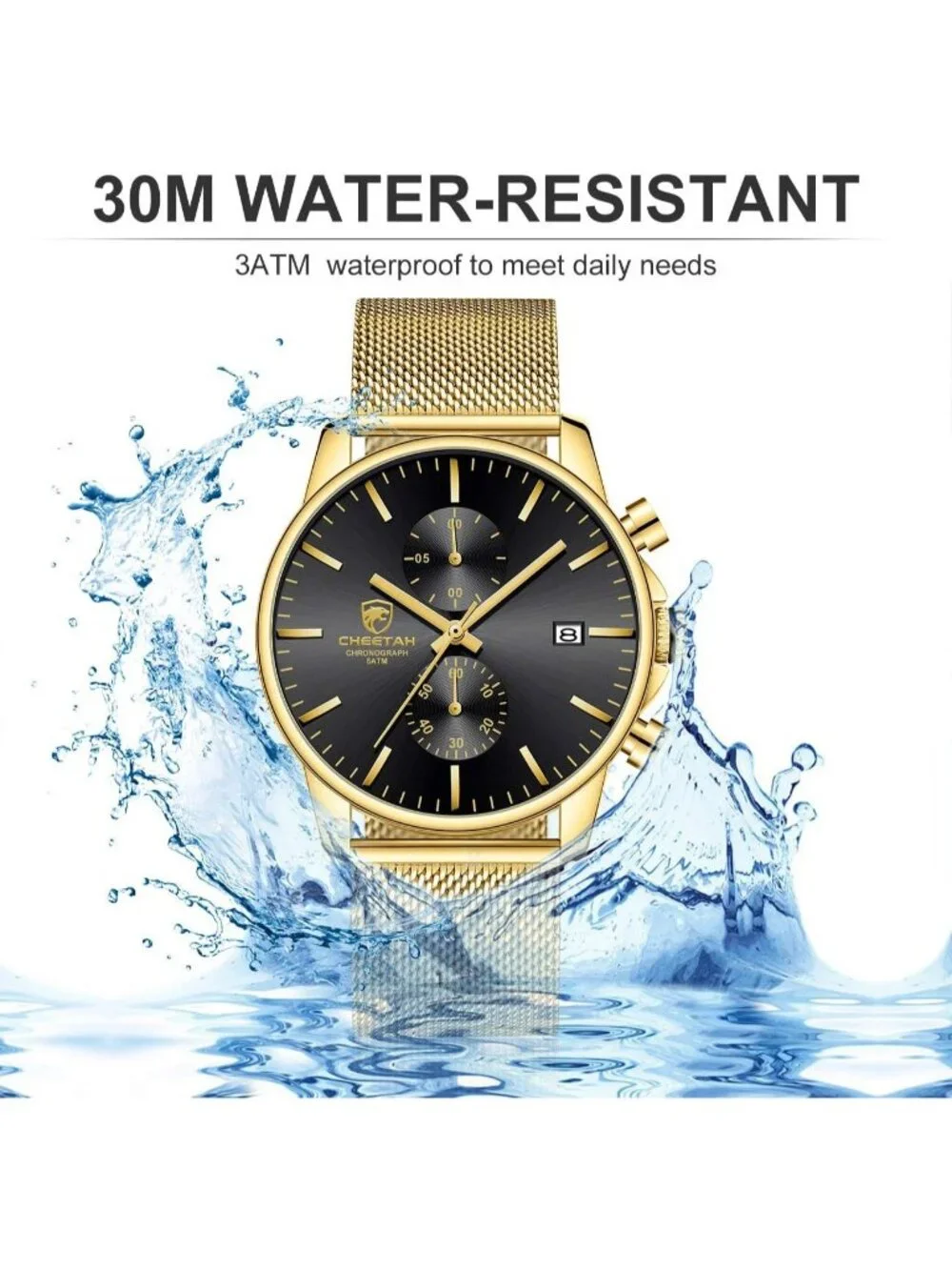 Men's Gold Black Mesh Stainless Steel Minimalist Quartz Analog Chronograph Watch